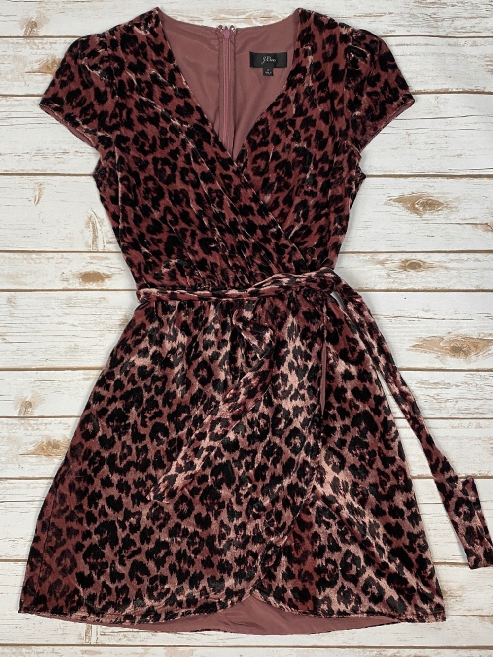 J. Crew Velvet Faux Wrap Dress Cap Sleeve Rose Leopard Print Size 2